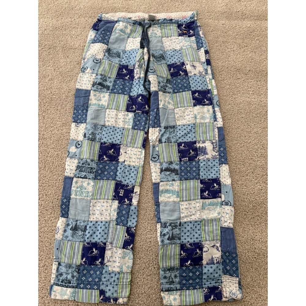 VTG Y2K Victoria Secret PINK Blue Patchwork Flannel Pajama Lounge Pants XS